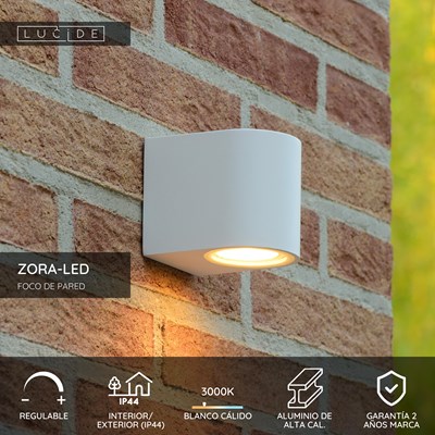 Lucide ZORA-LED - Foco de pared / Lámpara de pared Dentro/Fuera - LED Regul. - GU10 - 1x5W 3000K - IP44 - Blanco